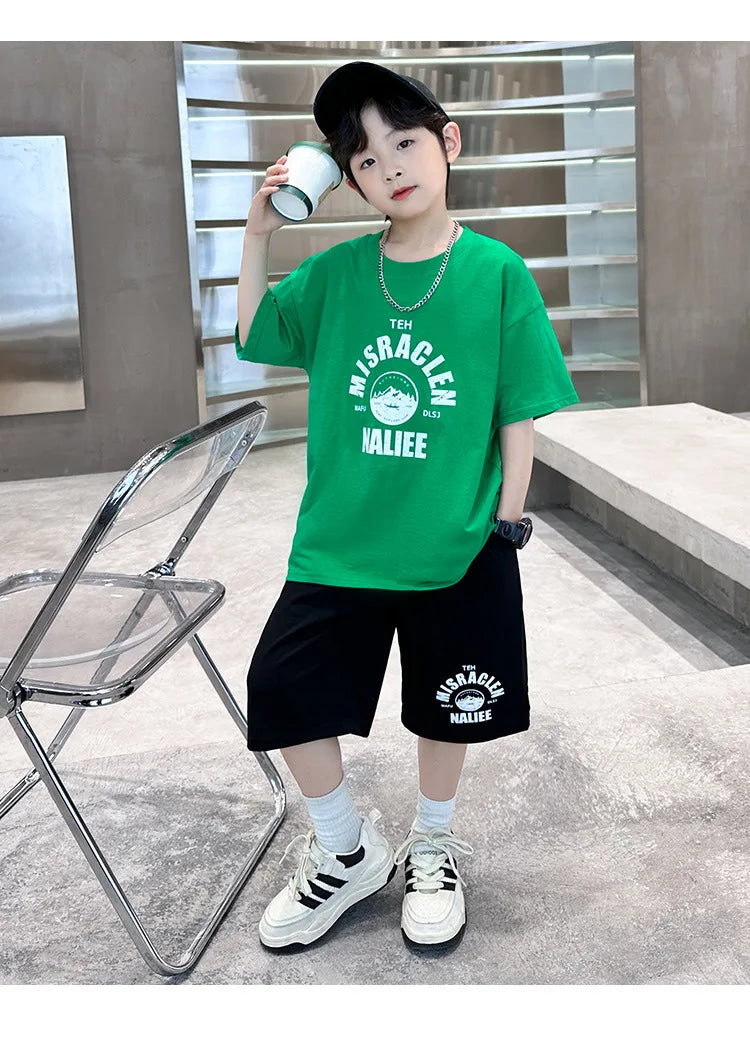 Summer Boys Cotton Leisure Print T-Shirt Top+Shorts Pant Contrast Set School Kids 2PCS Tracksuit Children Vacation Outfit 5-16Yr