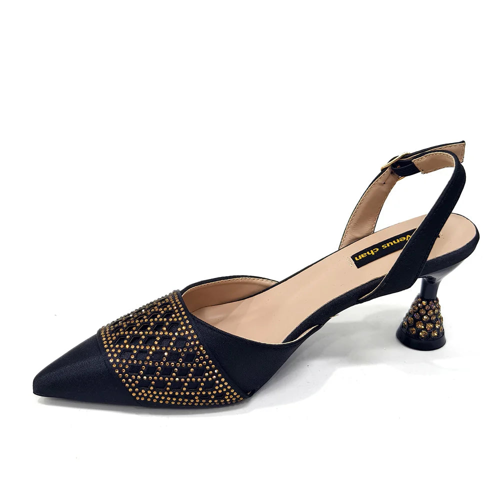 2025 New Summer Collection Stylish Italian Women’s Shoes and Bag Set in Gold Colour - Comfortable Mid Heels With Rhinestones