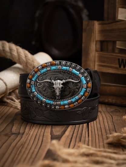 A Casual, Individual and Retro Belt, Western-Style Clothing Accessory, Metal Buckle, PU Belt, Suitable for Both Men and Women