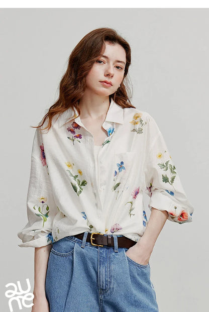 Women Shirts 2026 Summer New Linen Lyocell Print Fresh Mid Length Floral Blouse Tops