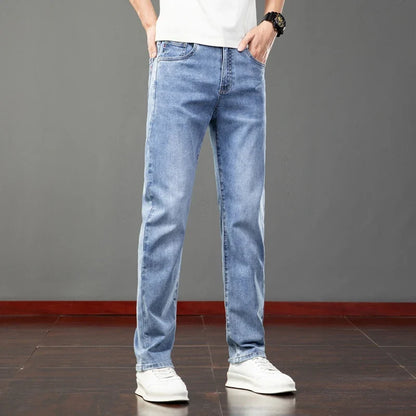 Spring Summer Thin Men's Jeans Fashion Korean Elastic Slim Straight Business Casual Denim Pants Classic Washed Male Trousers
