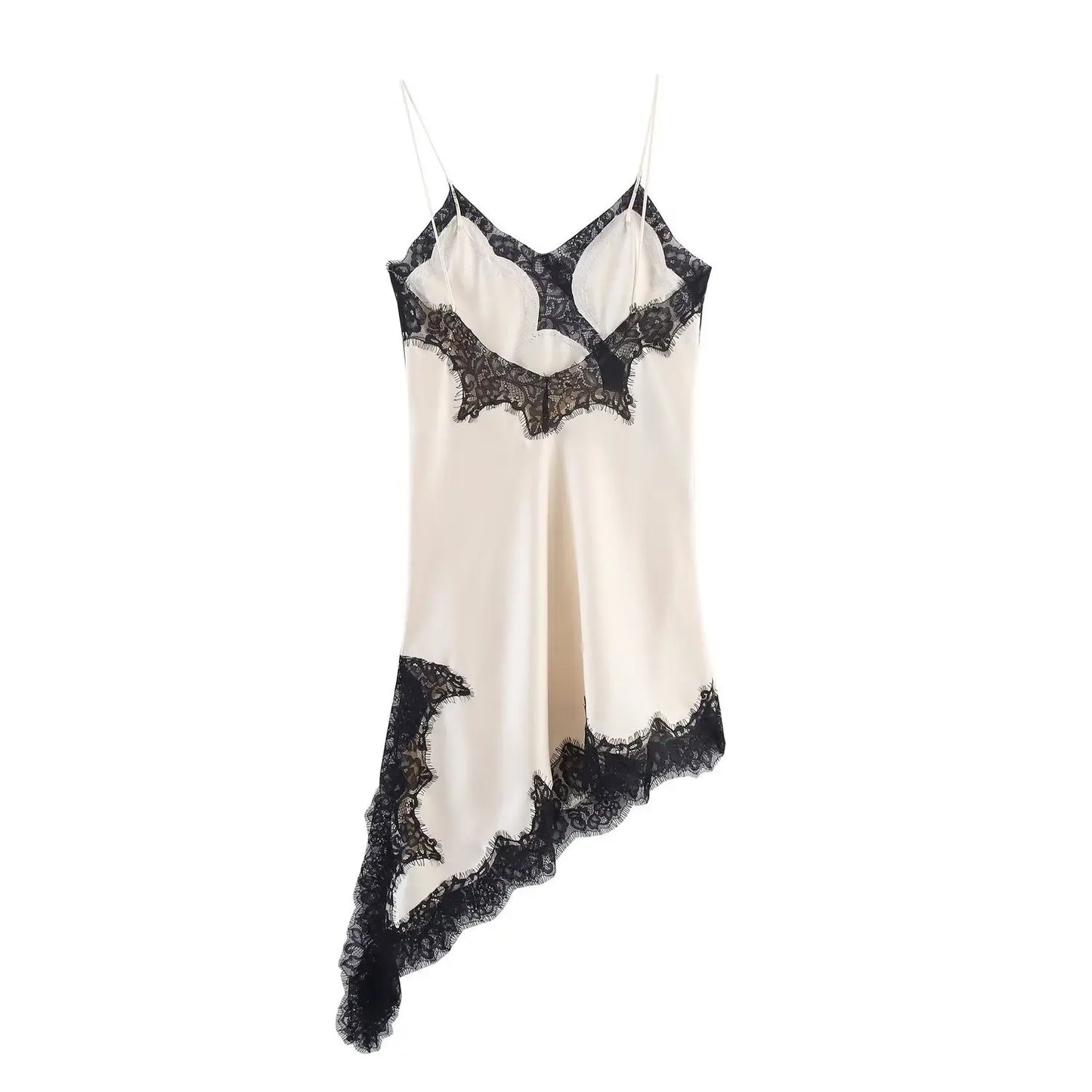Satin Asymmetric Patchwork Lace Sexy Dress Women Elegant Sling Backless Split Black Dress Female Party Club Dress Streetwear