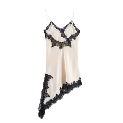 Satin Asymmetric Patchwork Lace Sexy Dress Women Elegant Sling Backless Split Black Dress Female Party Club Dress Streetwear