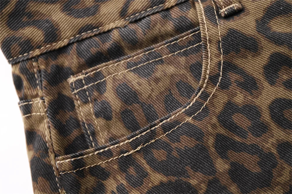 Leopard Print Jeans for Women High Waisted Y2k Retro Fashion Streetwear Denim Pants Hip Hop Straight Wide Leg Baggy Jeans