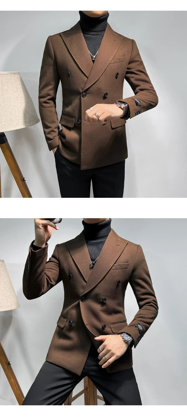 2025 Spring New Men's Waffle Double Breasted Suit Jacket High Quality Business Slim Fit Blazers Groom Social Party Dress Coats