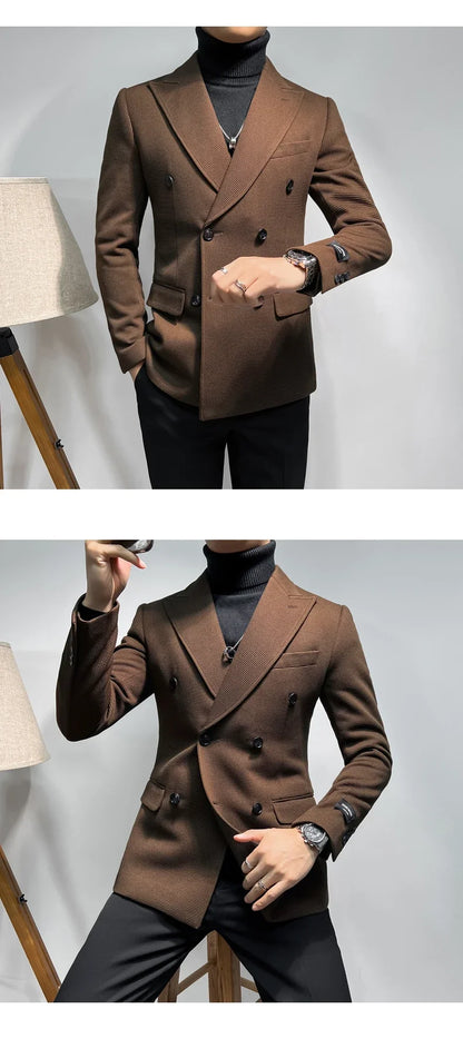 2025 Spring New Men's Waffle Double Breasted Suit Jacket High Quality Business Slim Fit Blazers Groom Social Party Dress Coats