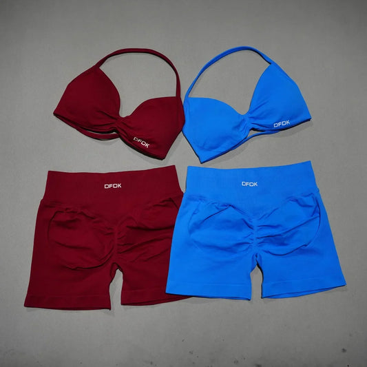 Women 2PCS Fitness Sports Set Lace Up Yoga Bra High Waist Short Leggings Seamless Cycling Running Workout Activewear