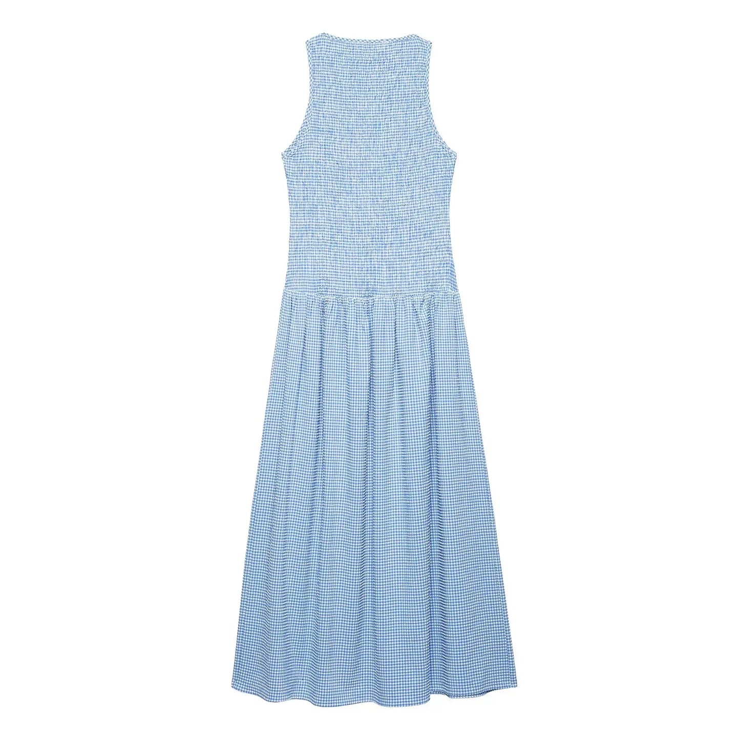 Dress for Women Fashion Summer New Plaid Fold Sleeveless O-neck Midi Vest Dresses French Chic Female Evening Clothing