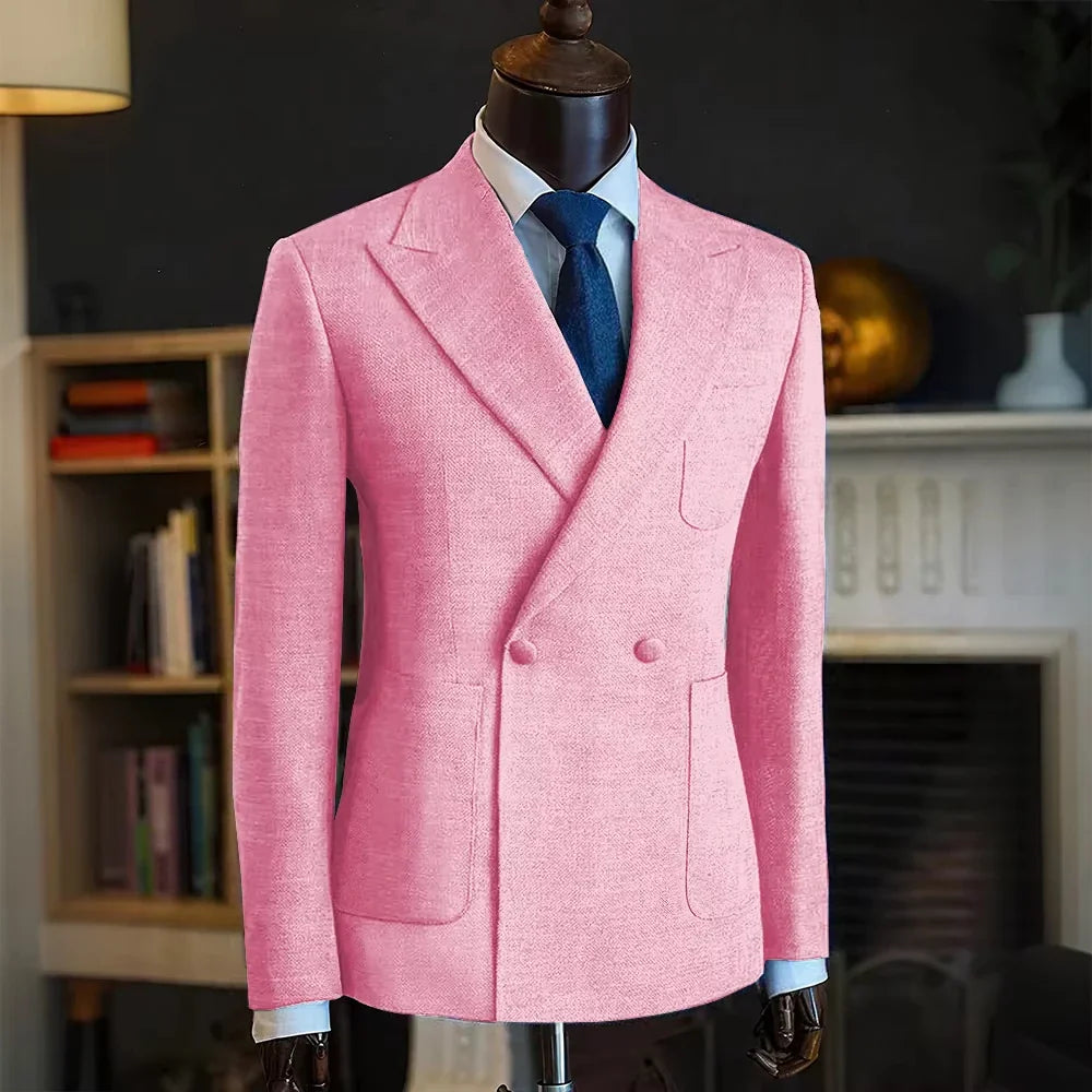 Luxury Men's Classic Suit Blazer Linen Double Breasted Notch Lapel Formal Groom Wedding Dress Jacket Lightweight Sport Coat