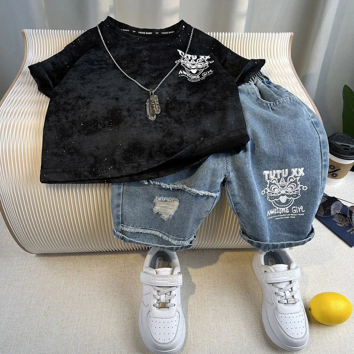 Korean Children's Summer Clothes Kids Set Outfits Boys 2026 Handsome Sleeveless&Short Sleeved T-shirt Denim Shorts 2-piece Set
