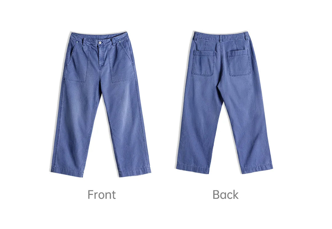 Men‘s Vintage Washed Denim Jeans Blue Cotton Canvas Workwear Zipper Pants Loose Fit Casual Trousers for Spring and Autum