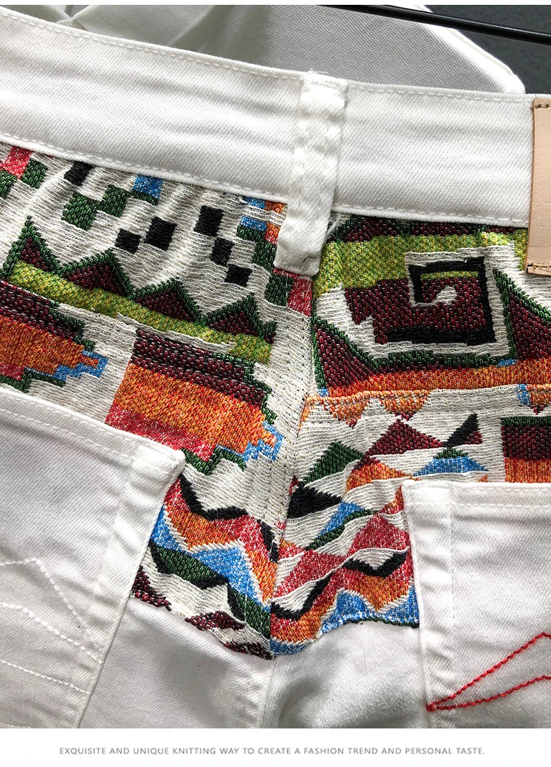 Summer New Denim Shorts Men's Stitching Embroidery Ripped Knee-length Shorts White Black Retro Blue Fashion High Quality Jeans