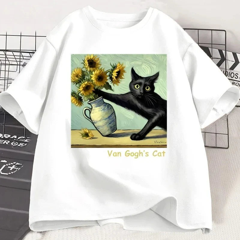 Van Gogh Cat Art Print T-shirt Fun Pattern T-shirt Trendy Summer Loose Short Sleeve T-shirt Women's Harajuku Top Women Clothing