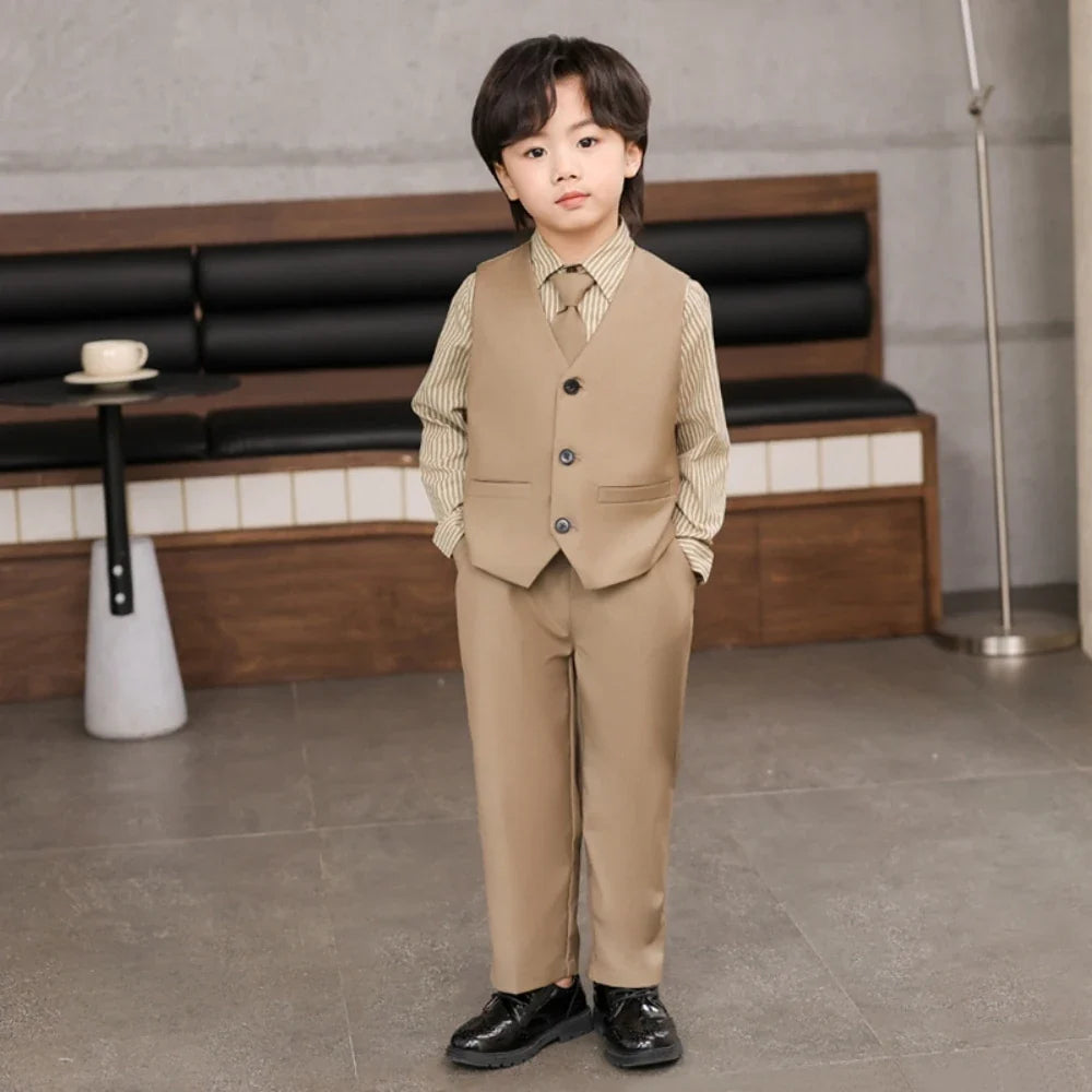 Spring Autumn Boys Elegant Suit Set 3 Pieces Vest Pants With Tie Wedding Guest Outfit Hot Sale Kids Suits Piano Performance