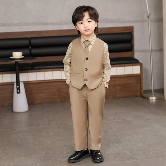 Spring Autumn Boys Elegant Suit Set 3 Pieces Vest Pants With Tie Wedding Guest Outfit Hot Sale Kids Suits Piano Performance