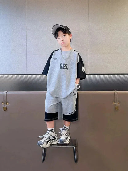 Summer Boys Cotton Leisure Contrast Alphabet T-Shirt+Shorts Pant Set School Kid 2PCS Tracksuit Children Sportswear Outfit 5-16Yr