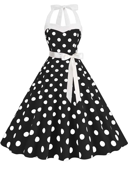 Women Summer Party Dress With Belt Polka Dot Print Halter Hepburn Robe 50s 60s Vintage Dresses