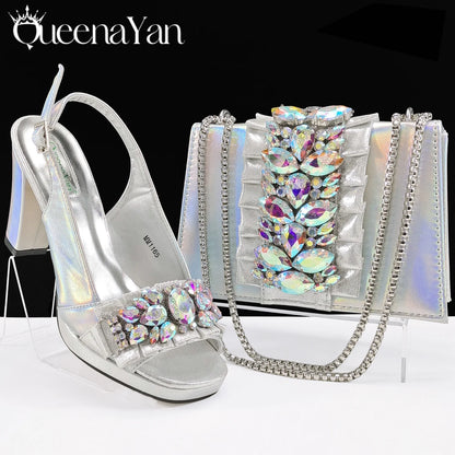 Spot goods Elegant Women Heels Shoes and Bag Set Decoration Rhinestones Women High Heels Shoes OL Bag And Shies