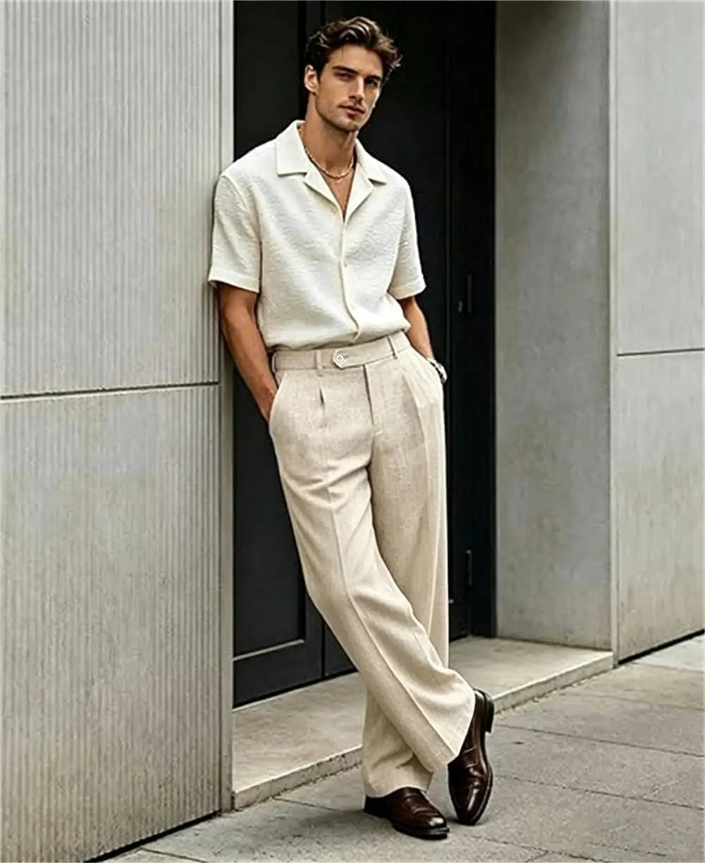 Mens Linen Casual Dress Pants Old Money Pleated Wide Leg Baggy Vintage Relaxed Fit Slacks Work Office Trousers