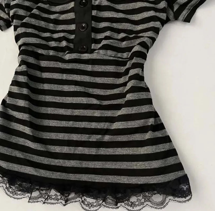 Gothic Harajuku Y2K Women's Crop Top Casual Slim Fit Striped Lace Bow Button Design Short Sleeve T-Shirt Chic Trendy Streetwear