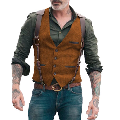 Men's Suit Vest Herringbone Tweed V Neck Business Formal Dress Waistcoat for Wedding Suit or Tuxedo