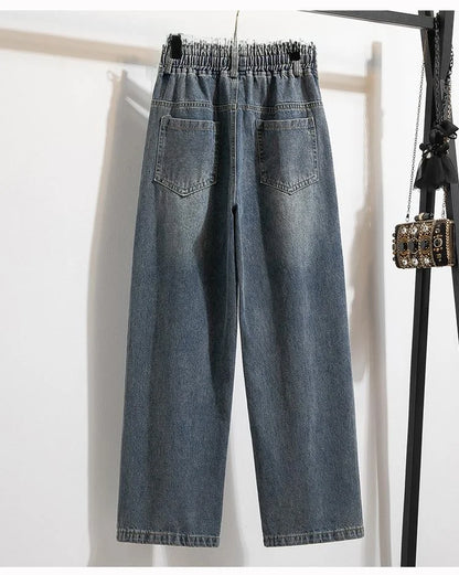 High Waist Wide Leg Cotton Denim Dstring Loose Fit Women's Autumn 2024 Slimming Effect Pure Cotton Casual Trousers