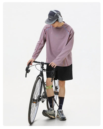 Men's Cool-Touch Contrast Stitch Long Sleeve T-Shirt – Loose Fit Moisture-Wicking Athletic Top for Autumn & Summer Sports
