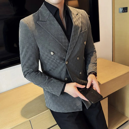 6 Color Luxury Double Breasted Blazers Coats 2024 New Fashion Checkered Business Slim Fit Social   Formal Suit Jacket 5XL-M