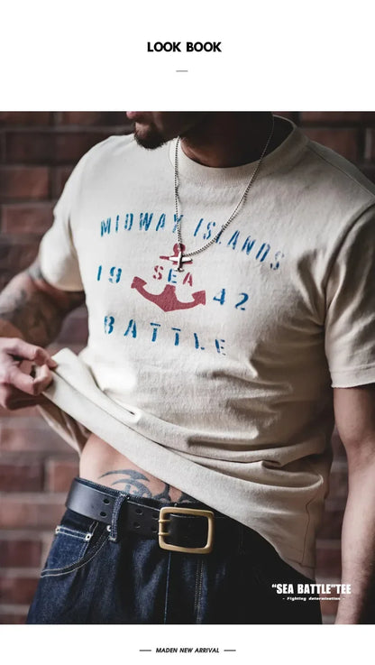 Vintage Letter Print Cotton Short Sleeve T-Shirt Men's Summer Loose Fit Ribbed Crew Neck Tee Casual Street Tops for Daily