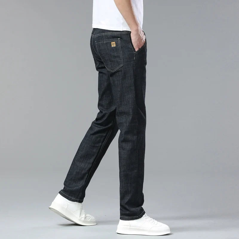 Light Blue Classic Business Casual Cotton Pants Fashion Breathable Denim Elastic Trousers Brand Men's Clothing Straight Jeans