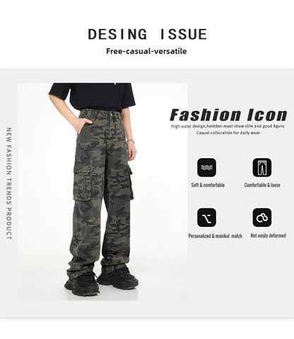 Tall Pants for Slim Thin Skinny Men Y2K Straight Wide Leg Cotton Cargo Pants Camouflage Extra Long Length Trouser Male Vintage