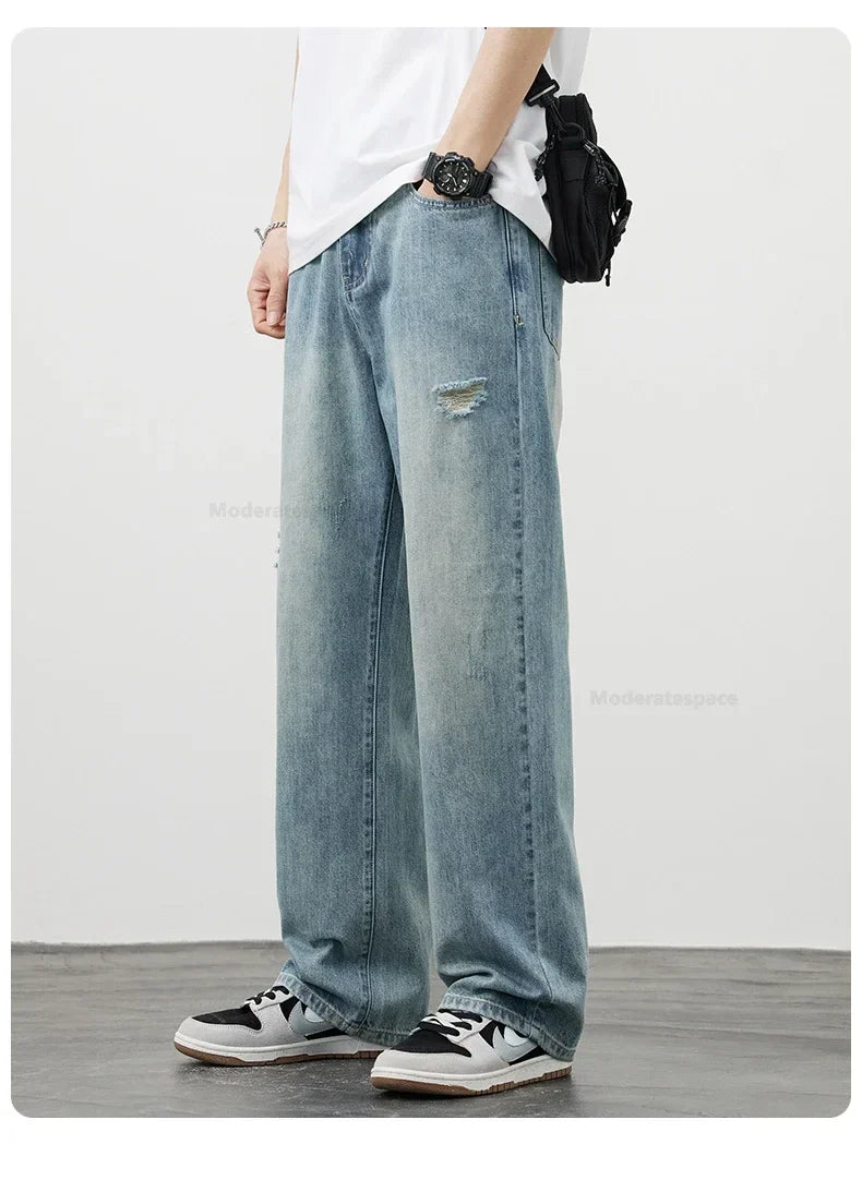 Korea Baggy Jeans Men's Vintage Straight Ripped Y2k Pants Fashion Frayed High Street Distressed Denim Trousers Male Clothes