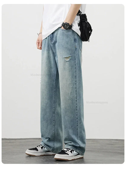 Korea Baggy Jeans Men's Vintage Straight Ripped Y2k Pants Fashion Frayed High Street Distressed Denim Trousers Male Clothes
