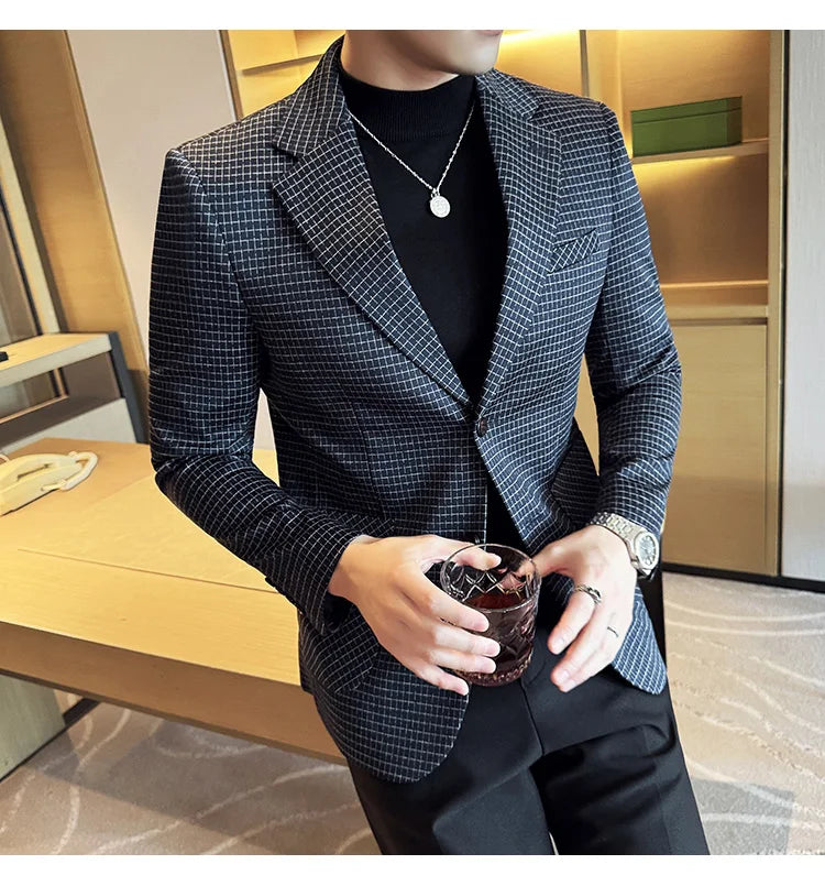 British Style Plaid Suit Jacket For Men 2025 New Business Casual Slim Blazer Formal Wedding Party Suit Dress Coats Men Clothing