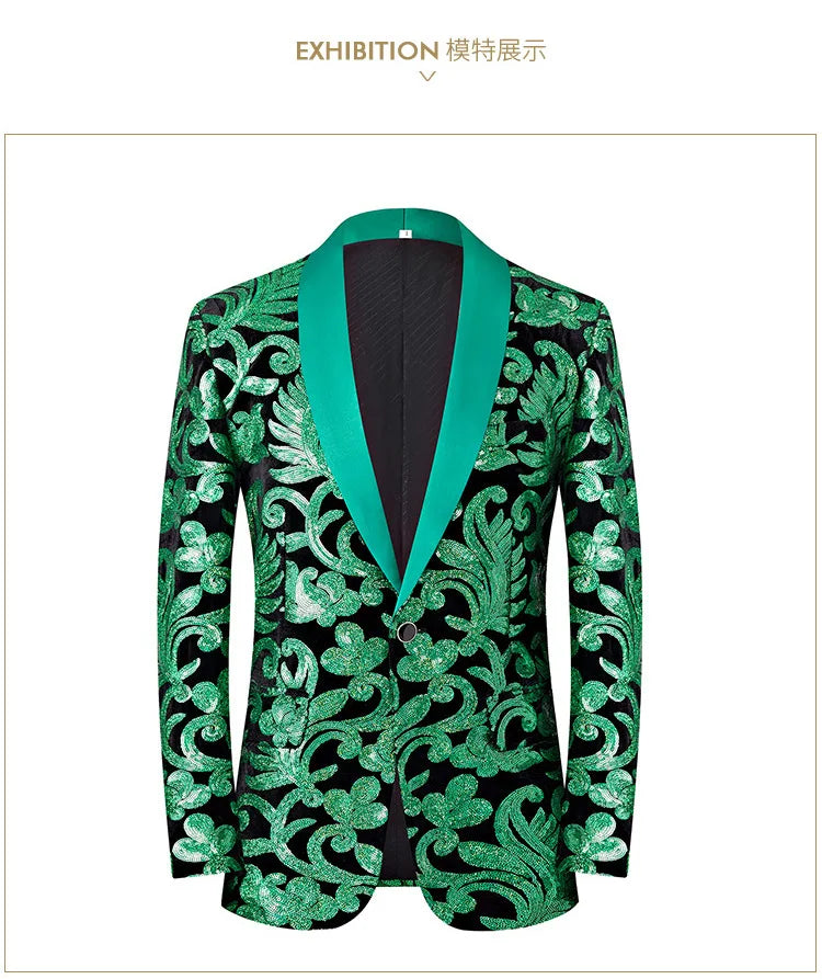 2024 New Flat Velvet Large Flower Sequin Jacquard Mens Blazer, Purple  Stage Performance Suit Dress, Host Fashion Show Jacket