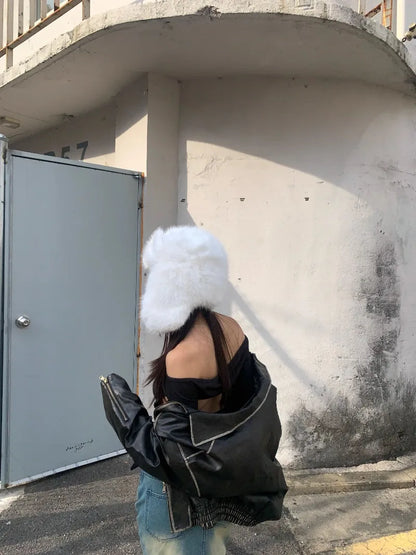 Korean Ins Imitation Mink Plush Hat Winter Women Ear Protection Bomber Hats Fashion Warm Fluffy Faux Fur Ski Beanies Y2k Gift
