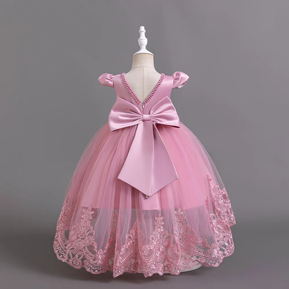 Girls Flower Embroidery Party Dresses Kids Summer Formal Holiday Birthday Gown Kids Trailing Evening Princess Clothes 1-6