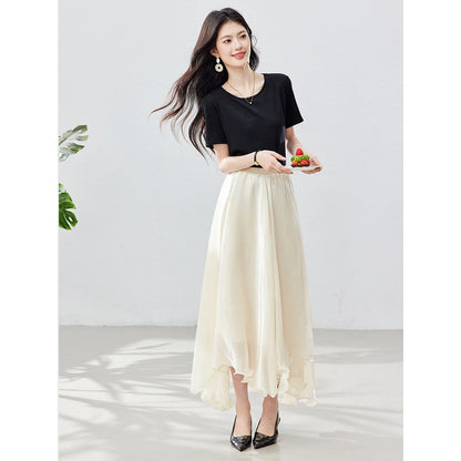 French A-line Shimmer Skirt for Women 2026 Summer New Fashion Irregular Ruffle Hem Elegant Office Maxi Skirt Bottoms 30813