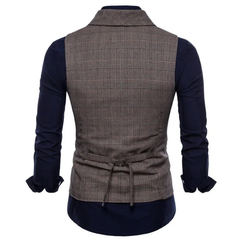 Men Vest Vintage Plaid Turn Down Collar Male Suit Vest Slim Double-breasted Sleeveless Business Casual Man Waistcoat