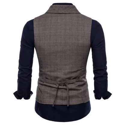 Men Vest Vintage Plaid Turn Down Collar Male Suit Vest Slim Double-breasted Sleeveless Business Casual Man Waistcoat