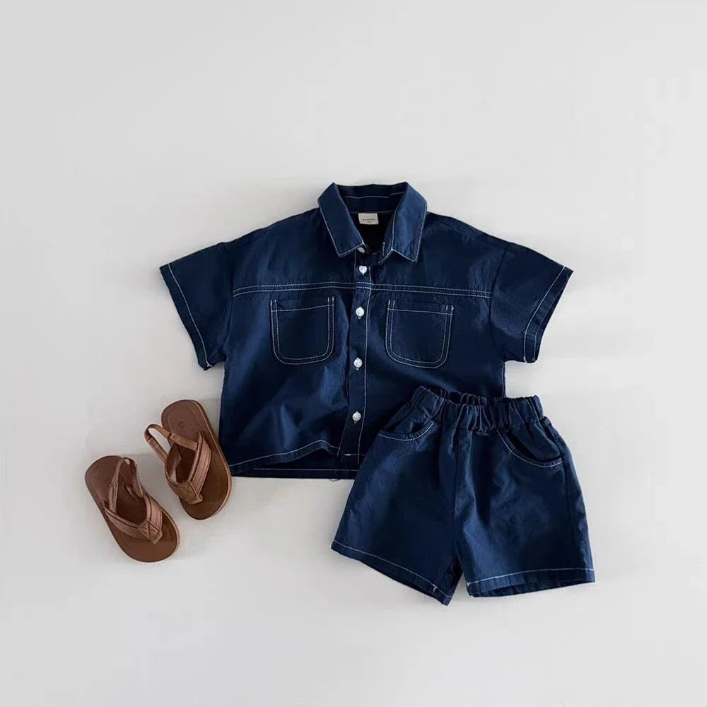 TZ2614 Korean Style Summer New Children's Clothing Set Boy Girl Soft Denim Shirt with Stitching Trendy Outfit for Kids