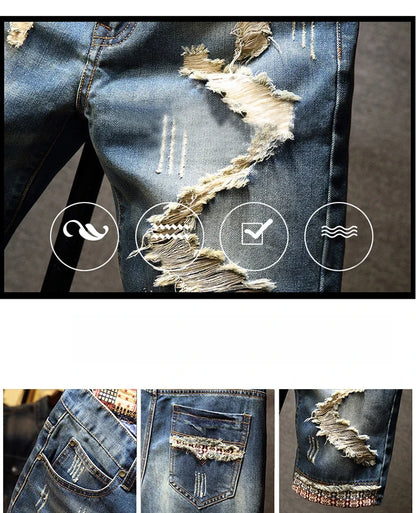 Streetwear Men's Ripped Denim Shorts Straight Slim Fashion Hip Hop Short Pants Big Hole Vintage Knee Length Jeans