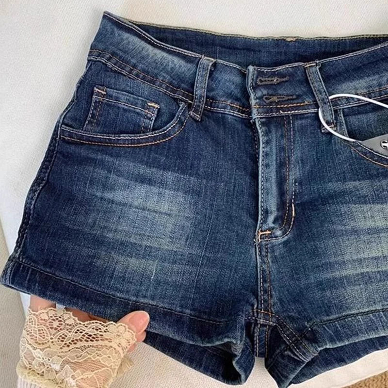 Summer Low-Waisted Skinny Denim Shorts for Women with Cargo Pockets Elastic Waist Vintage Y2K Streetwear Sexy Retro Blue Jeans