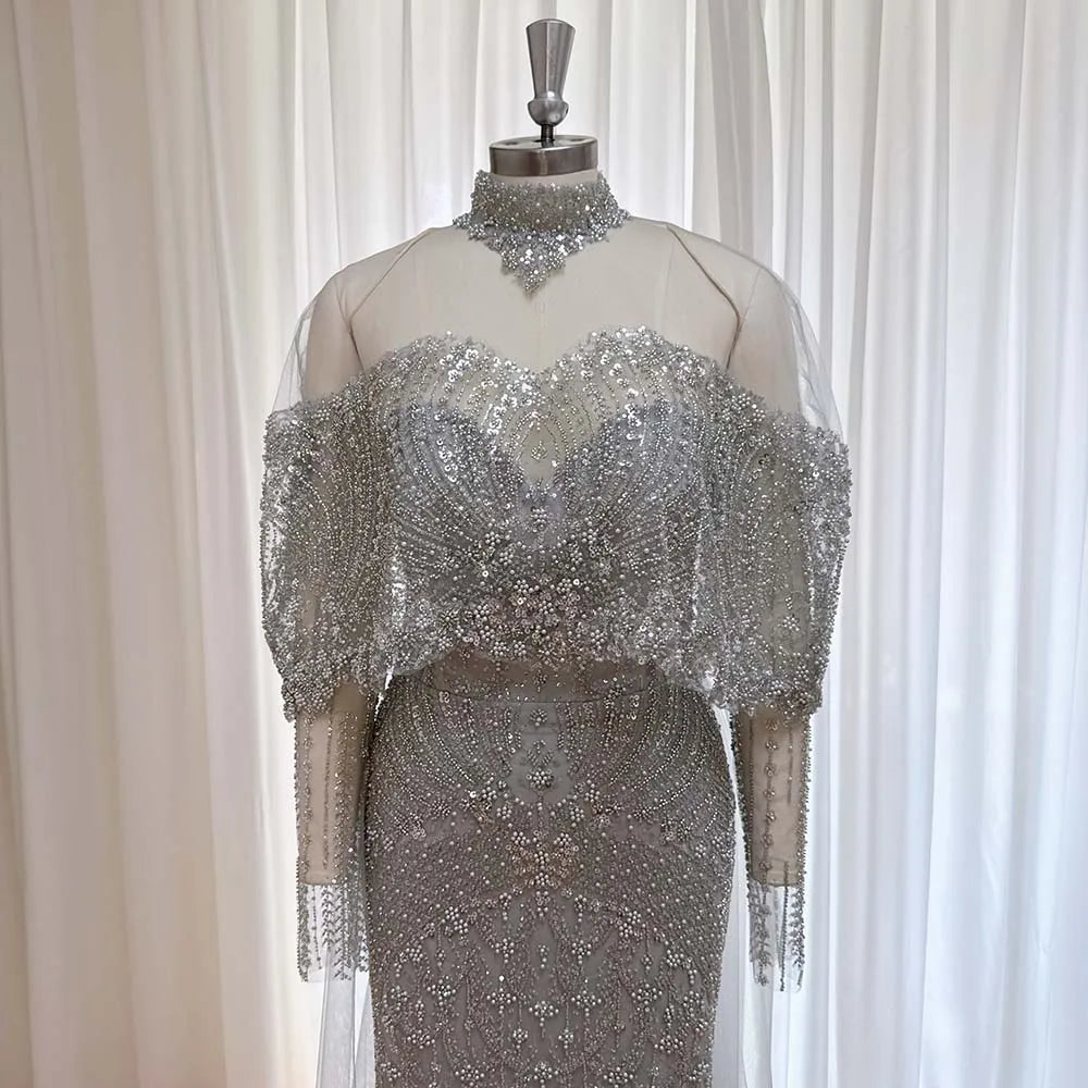 Beaded Mermaid Evening Dress for Women 2026 Elegant High Neck Long Sleeves for Women Wedding Party Gown Customized