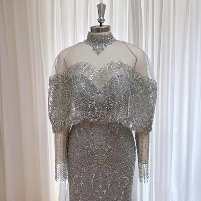 Beaded Mermaid Evening Dress for Women 2026 Elegant High Neck Long Sleeves for Women Wedding Party Gown Customized