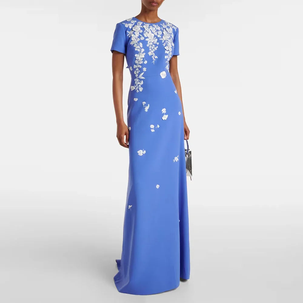 Modern Blue Women's Evening Gown Mermaid Floor Length Formal Party Dress O Neck Appliques Saudi Dress Short Sleevels Prom Dress