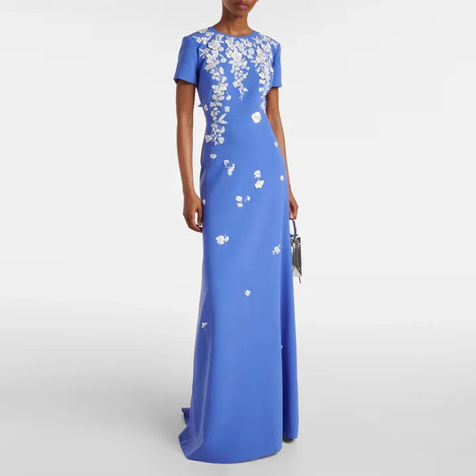 Modern Blue Women's Evening Gown Mermaid Floor Length Formal Party Dress O Neck Appliques Saudi Dress Short Sleevels Prom Dress