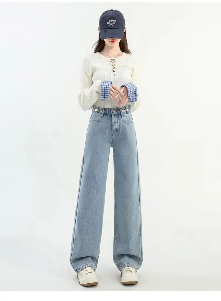 Winter Thick Warm Womens High Waist Jeans Fleece Lined Loose Fit Wide Leg Trousers Korean Style Stretchy Adjustable Waist  Jeans