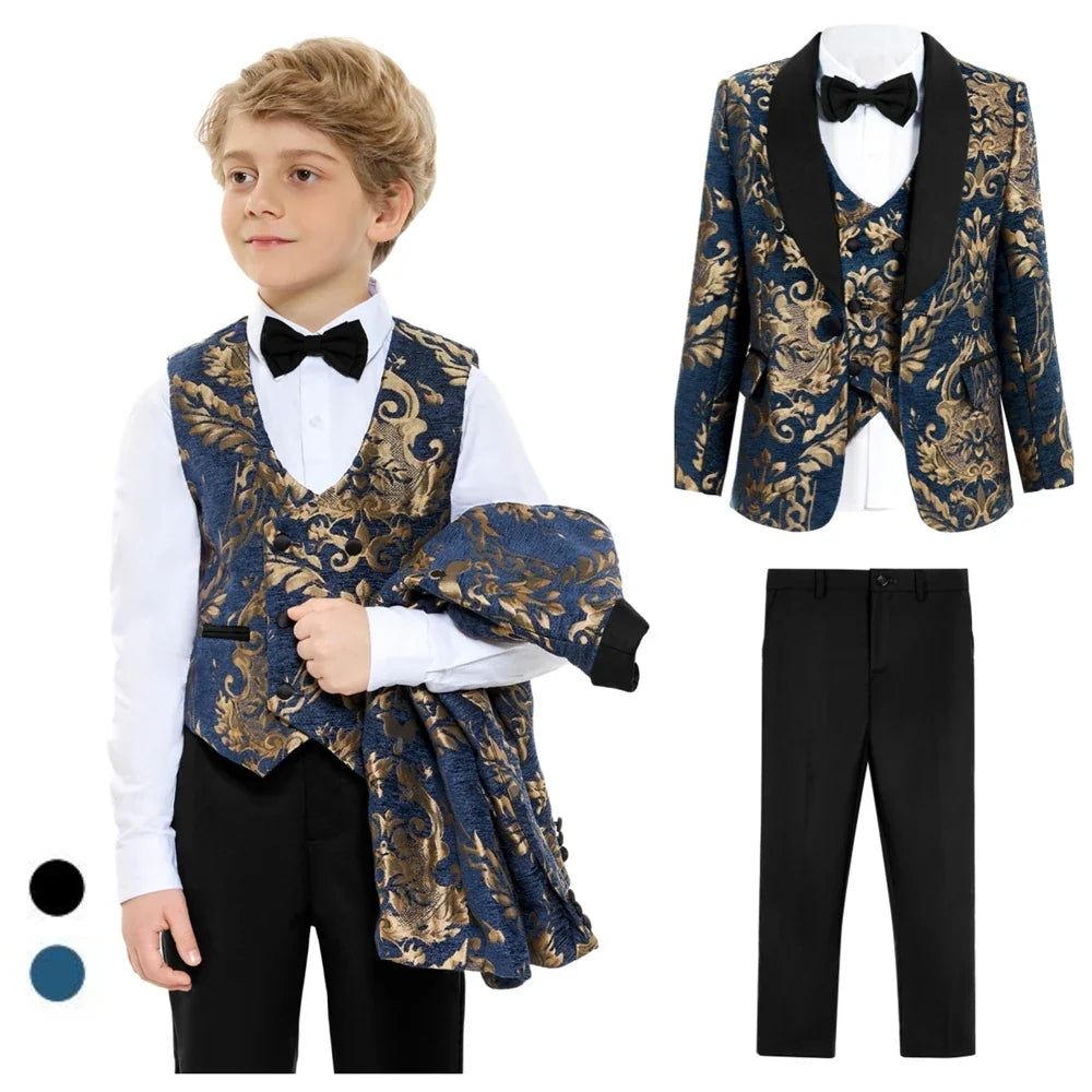 Luxury 4-Piece Set Suit Set for Boys 3-14 Years, Slim Fitting Jacket Vest Pants Bow-tie, Wedding Dresswear for Chidren In Stock