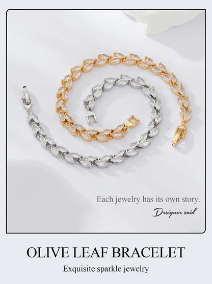 White Gold Plated Sparkling Cubic Zirconia Classic Olive Leaf Bracelet, Gold Bracelets for Women Fashion Jewelry YIB069